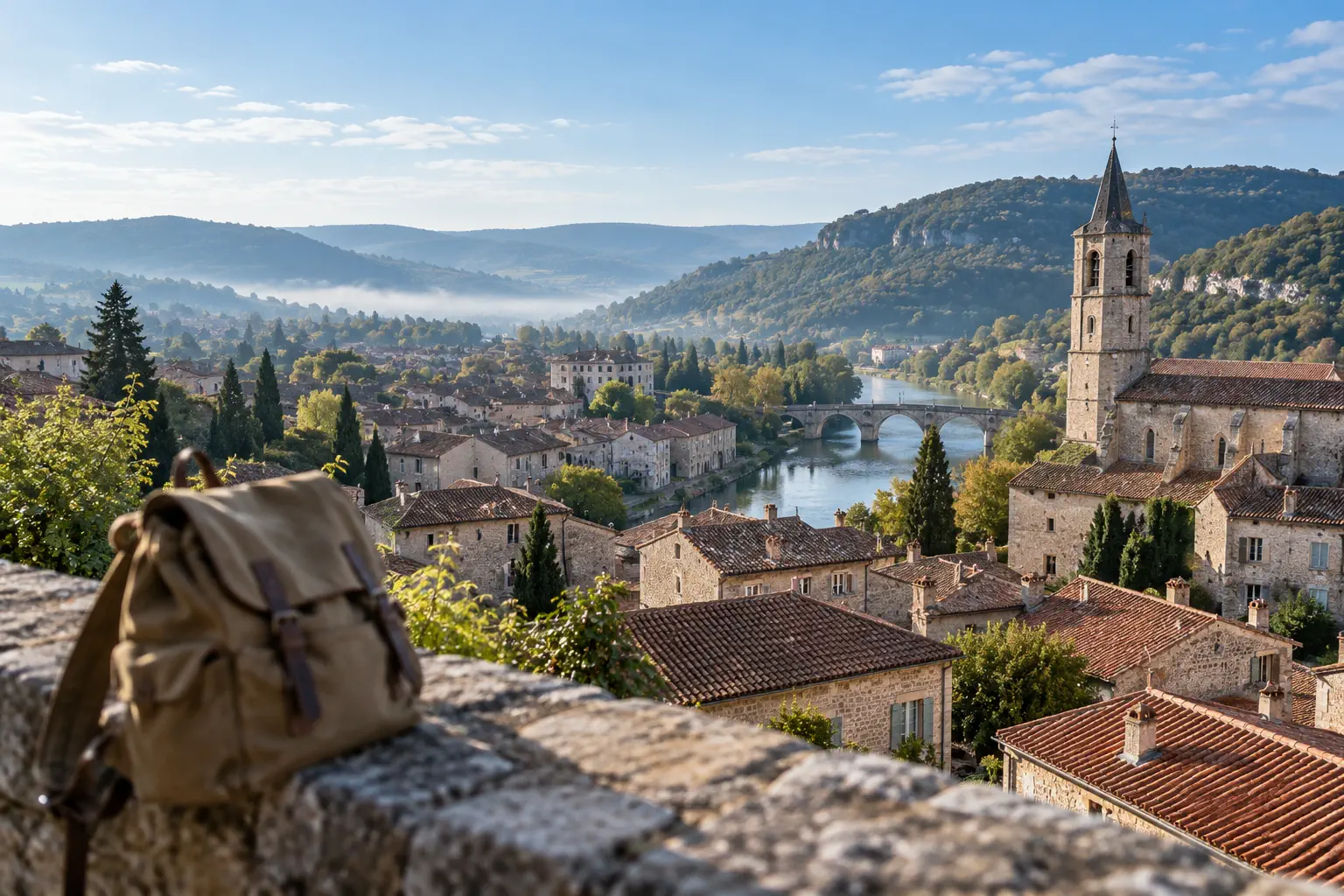 Telhados de uma cidade antiga europeia numa manhã clara, com uma mochila sobre o muro