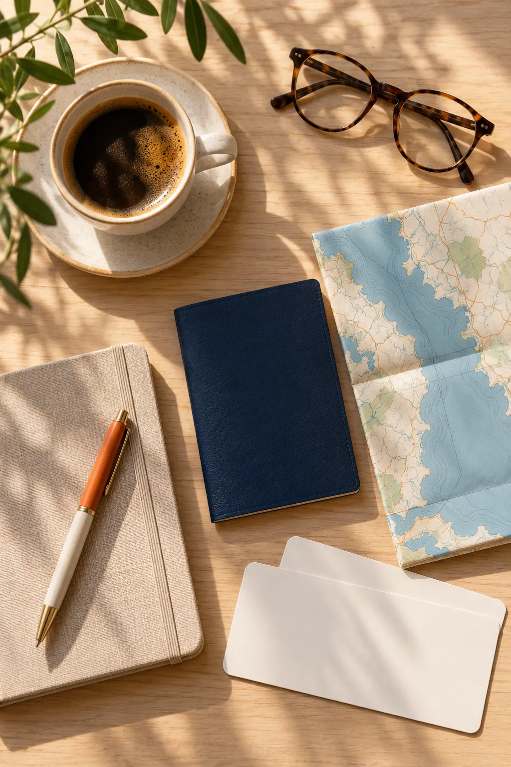 Passaporte, mapa, caderno fechado, óculos e café sobre a mesa